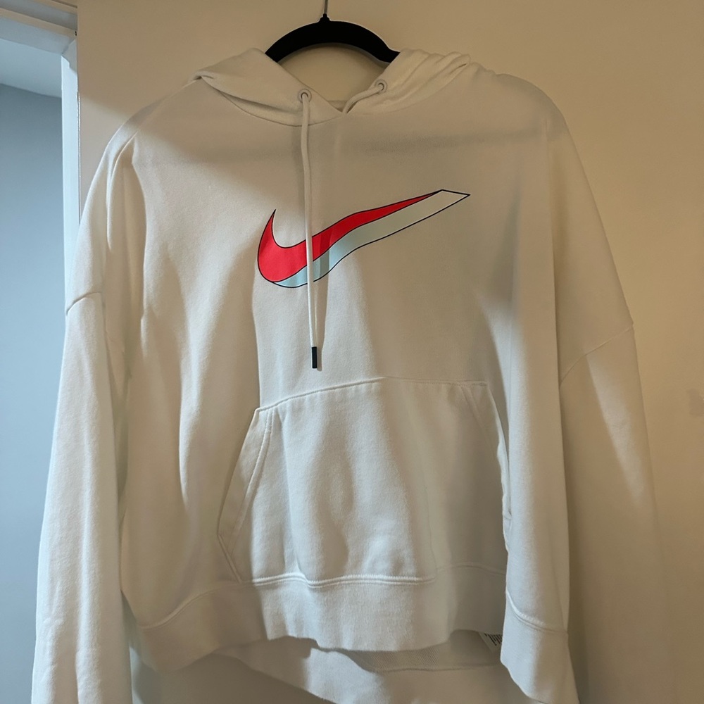 Nike Cropped White Hoodie with Red and Blue Swoosh